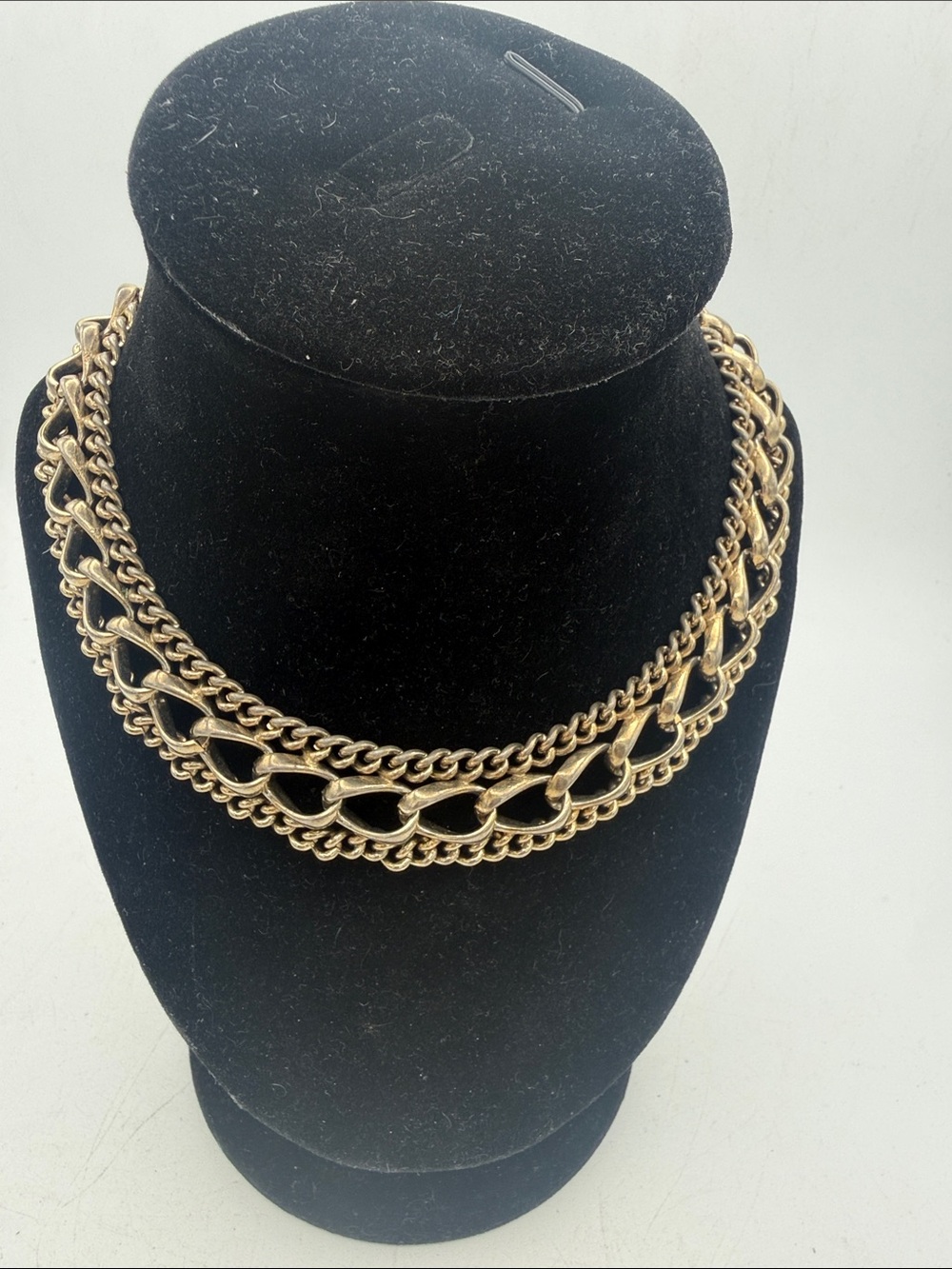 VTG Chunky Double Strand Curb Chain Choker Necklace Layered Gold Tone Modernist